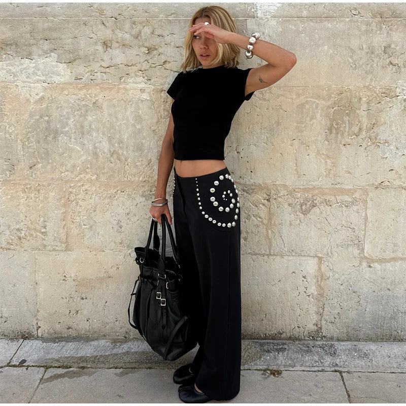 Spiral Rivet Decor Wide Leg Pants With Elastic Waist