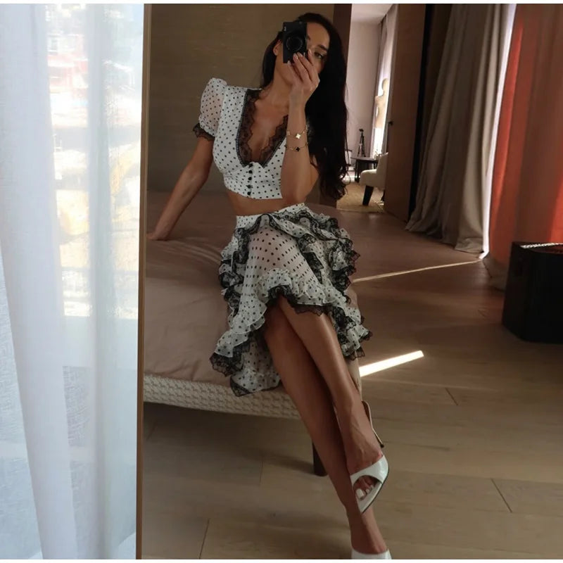 Polka Dot Chic Set With V Neck Crop Top And Ruffle Skirt
