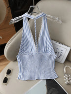 Women Halter Backless Striped Blouse Top Sleeveless