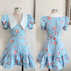 Puff Sleeves Ruffled Mini Dress With Pearl Buttons