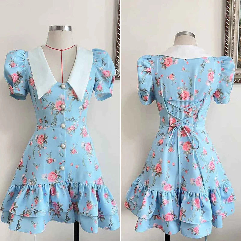 Puff Sleeves Ruffled Mini Dress With Pearl Buttons