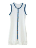 Patchwork Knit Mini Dress With Pleated Detail Round Neck Sleeveless
