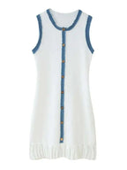 Patchwork Knit Mini Dress With Pleated Detail Round Neck Sleeveless