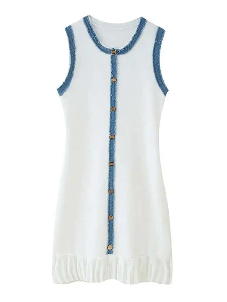 Patchwork Knit Mini Dress With Pleated Detail Round Neck Sleeveless