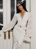 Delicate Lace V-Neck Peplum Top With Flare Sleeves And High Waist Mermaid Hem Elegant Evening Set