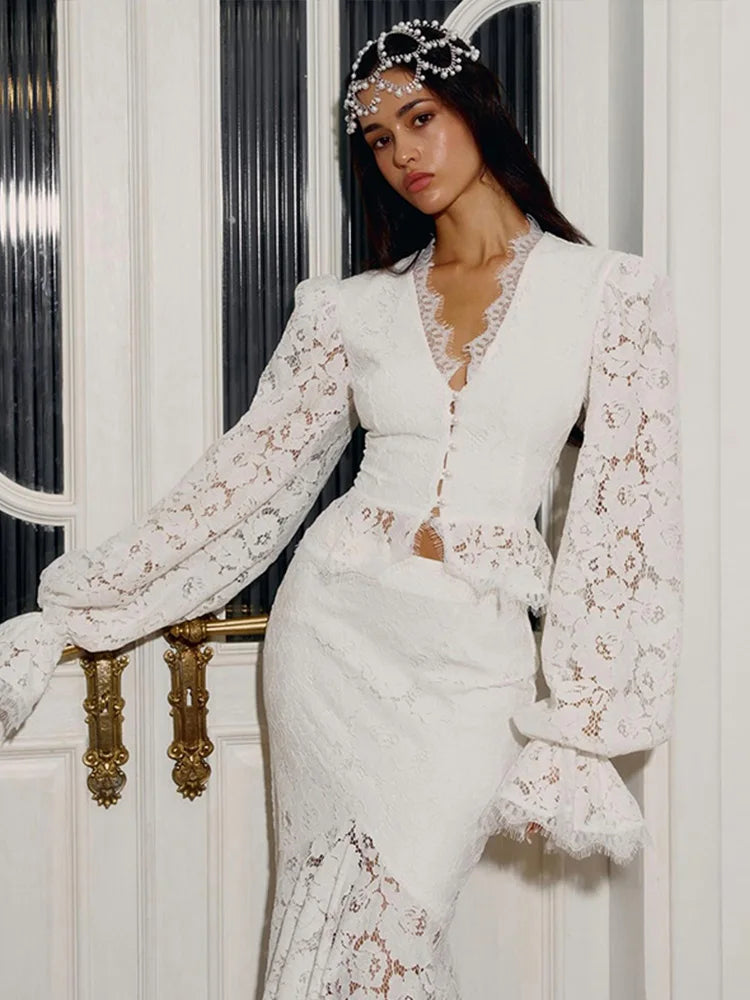 Delicate Lace V-Neck Peplum Top With Flare Sleeves And High Waist Mermaid Hem Elegant Evening Set