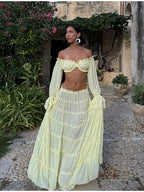 Women Fashion Yellow Off Shoulder Ruffled Two Piece Set Long Sleeve Crop Top Tiered Maxi Skirt