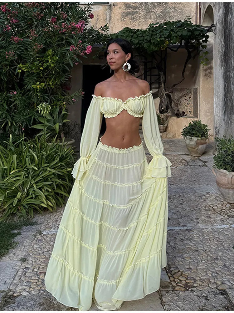 Women Fashion Yellow Off Shoulder Ruffled Two Piece Set Long Sleeve Crop Top Tiered Maxi Skirt