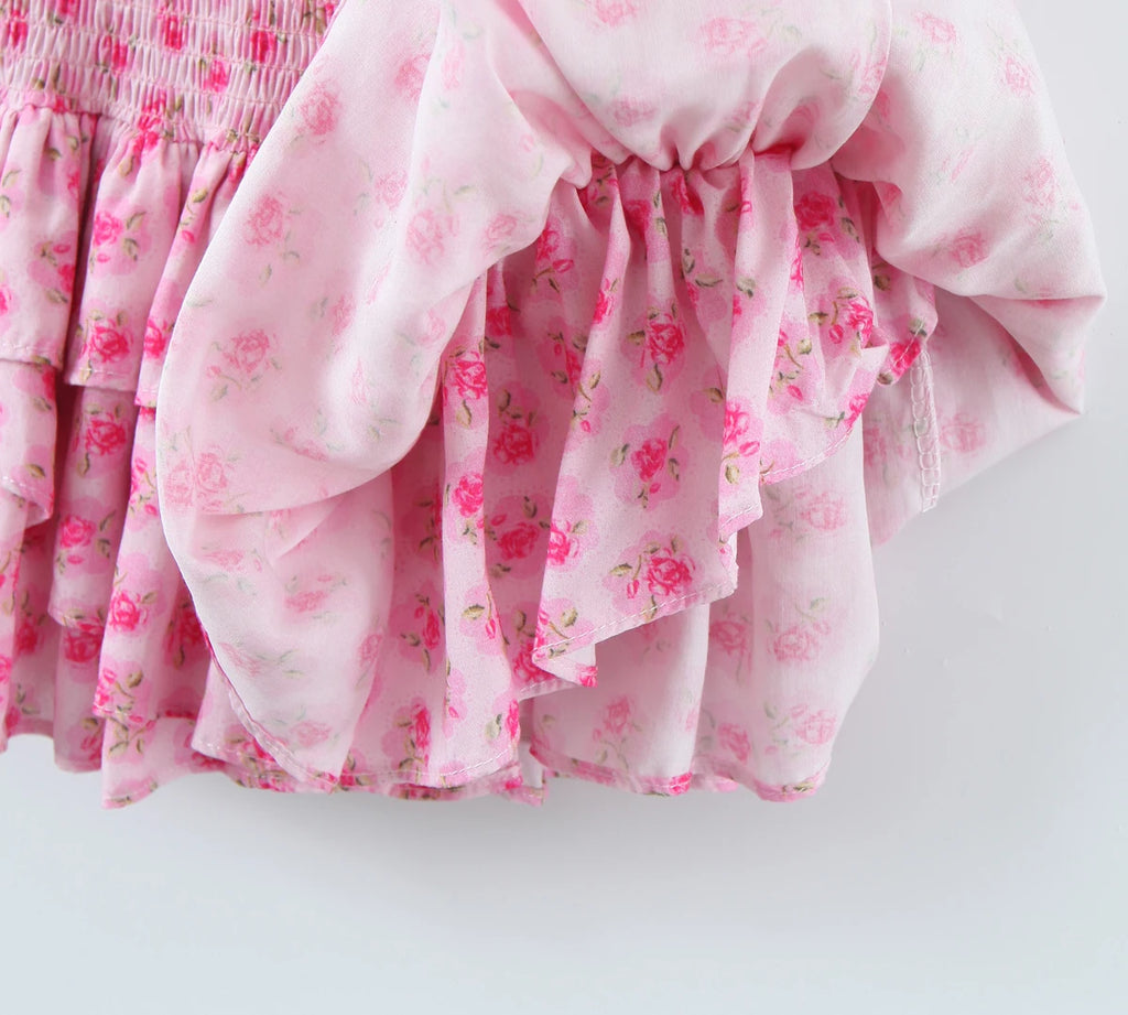Flower Print Corset Ruched Elastic Body Sling Mini Square Collar Ruffles Hem Dress