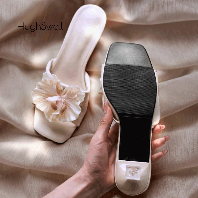 Romantic Nude Floral Butterfly Orchid Mule With Low Kitten Heel And Square Toe Elegant Evening Footwear