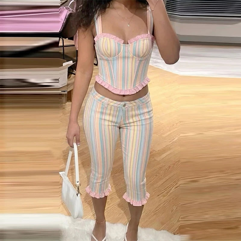 Fashion Stripe Capri Pant 2 Piece Set Women's Sleeveless Strap Crop Tank Waist-cinching Trousers