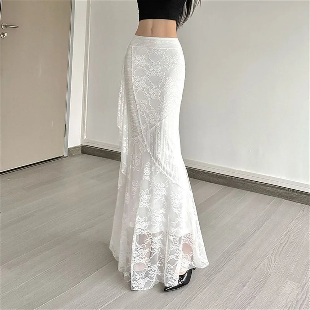 Patchwork Lace Pleated Skirt With High Waist Irregular Hem Cream Ruched Elegance