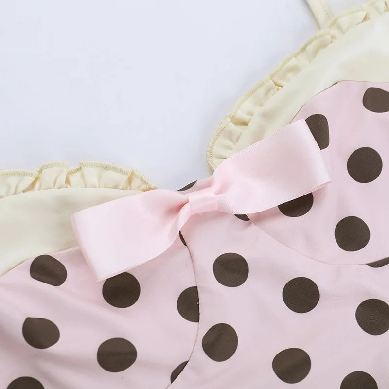 Sweet Spaghetti Strap Polka Dot Dresses Sexy Sleeveless Bowknot Ruched Mini