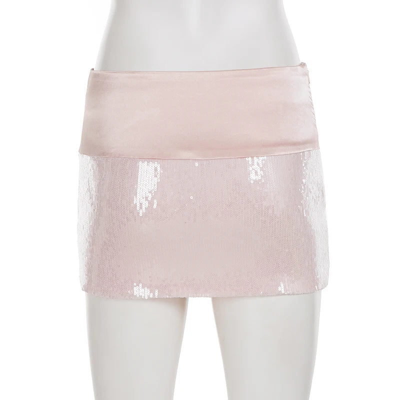 Satin Patchwork Sequined Bodycon Mini Skirt Y2K Low Waist