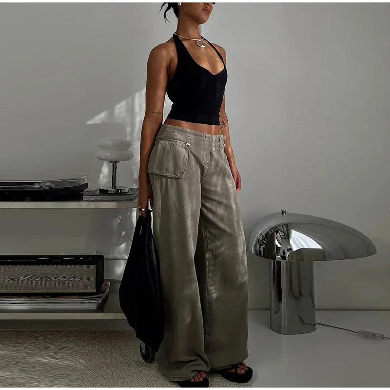 Street Style Mid Rise Wide Leg Denim Pants With Deep Pockets