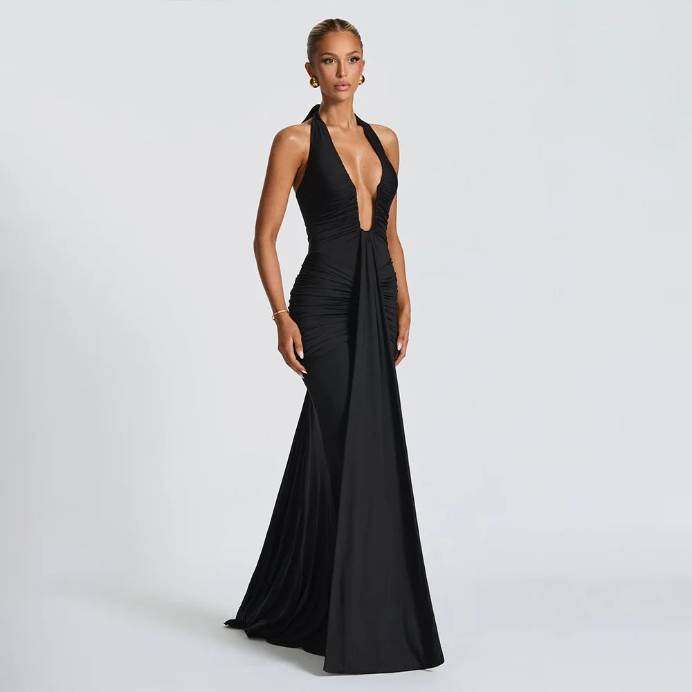 Deep V-Neck Backless Ruched Maxi Dress Halter Gown