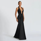 Deep V-Neck Backless Ruched Maxi Dress Halter Gown