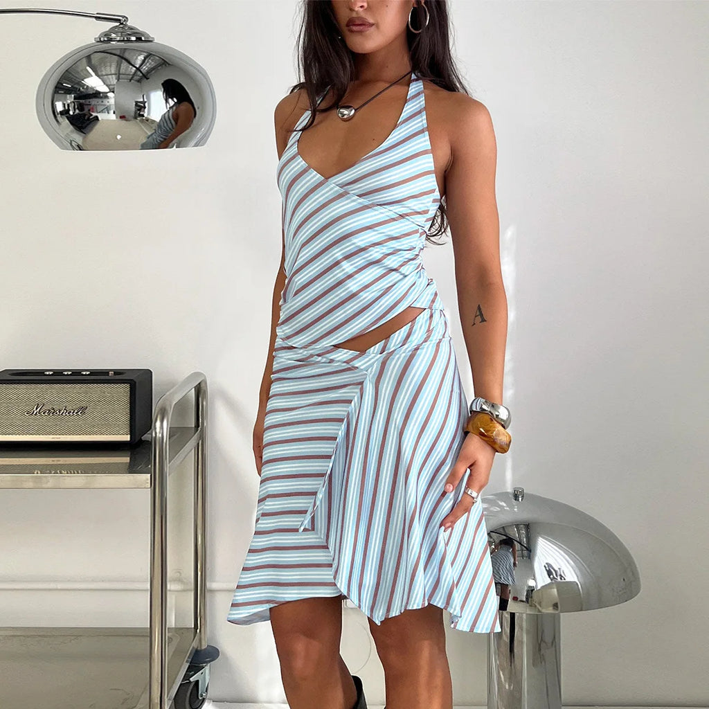 Open Back Halter Crop Top And Striped Skirt Set