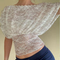 Elegant Lace Embroidery Top With Sheer Fabric And Button Front Short Sleeves