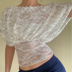 Elegant Lace Embroidery Top With Sheer Fabric And Button Front Short Sleeves