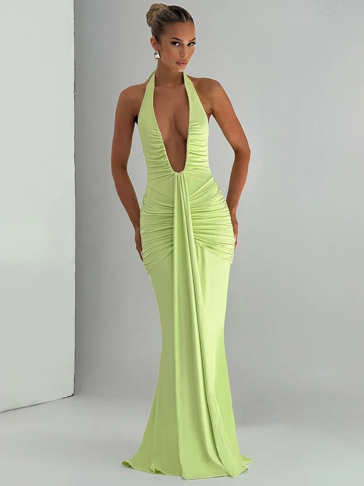 Deep V-Neck Backless Ruched Maxi Dress Halter Gown