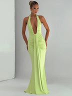 Deep V-Neck Backless Ruched Maxi Dress Halter Gown
