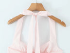 Pink Embroidered Floral Halter Corset Camisole With Ruched Chest Bow And Cross Lacing