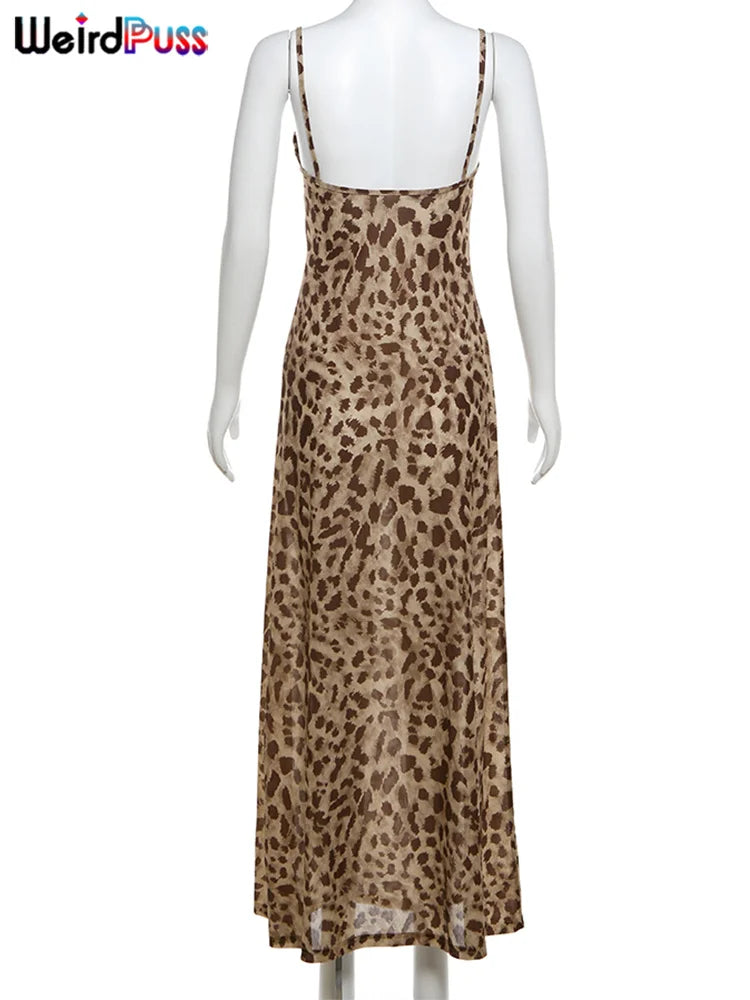 Leopard Print Spaghetti Strap Backless Dress With Ruffle Hem