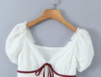 White Bow Detail Puff Sleeve V Neck Top With Vintage Charm And Flirty Slim Silhouette
