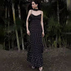 Elegant Polka Dot Halter Sleeveless Maxi Dress With Pleated Skirt And Ribbon Scarf