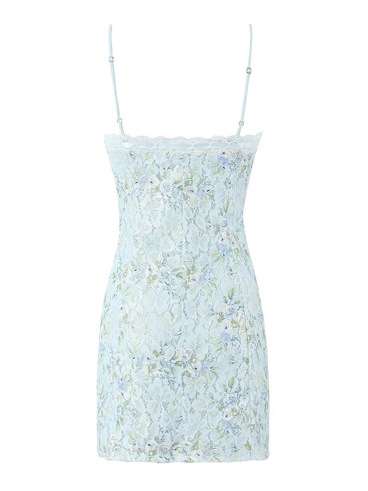 Sweet Floral Print Lace Patchwork Mini Sexy Slim Backless Strap Short Dress