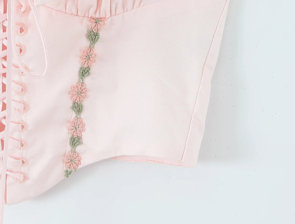 Pink Embroidered Floral Halter Corset Camisole With Ruched Chest Bow And Cross Lacing