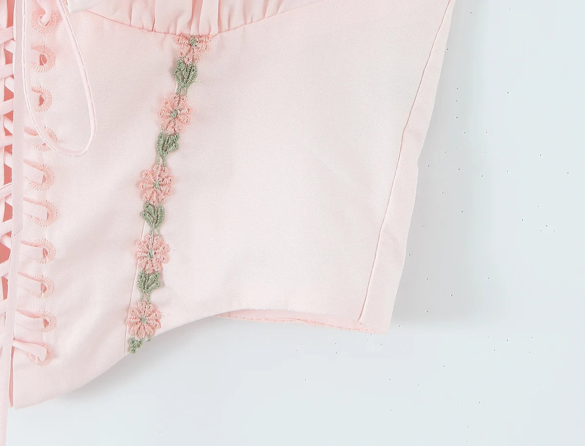Pink Embroidered Floral Halter Corset Camisole With Ruched Chest Bow And Cross Lacing