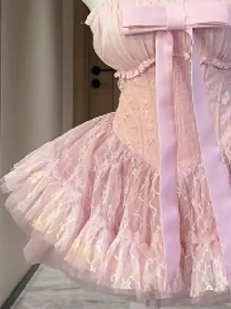 Pastel Pink Bow Mini Tube Top Dress Fairy Princess Aesthetic