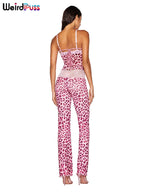 Patchwork Mesh Set With Leopard Print Skinny Pants Sexy Sleeveless Crop Top Street Style