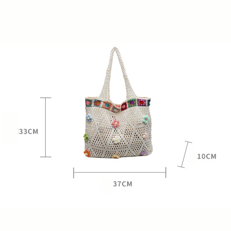 Boho Knitting Shoulder Bag With Floral Crochet