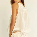 Boho Vintage Two Piece Set Tie Front Lace Trim Tank Top And Drawstring Pants