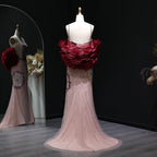 Elegant Pink Floral Beaded Evening Dress With Burgundy Shawl Cape For Women Party Gown