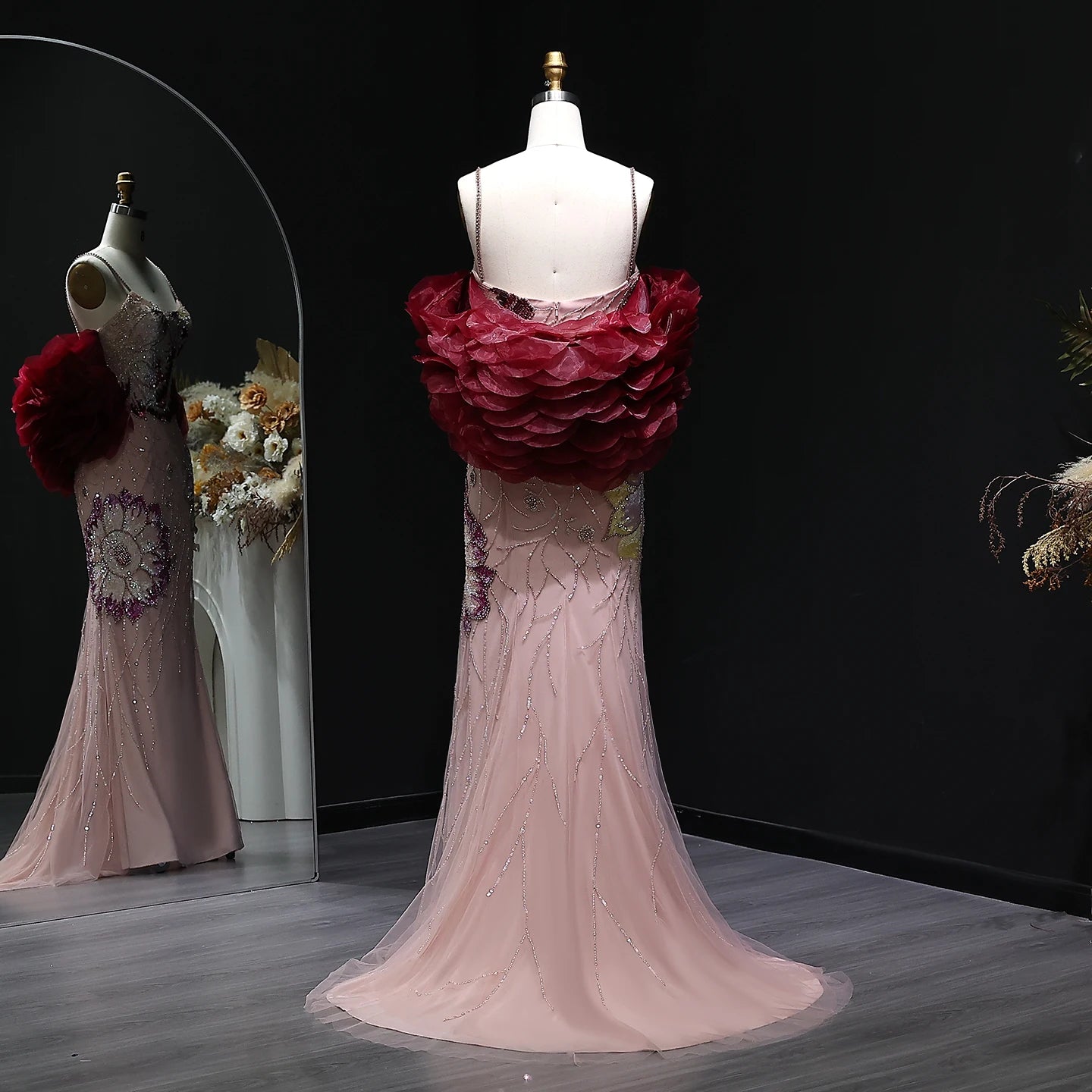 Elegant Pink Floral Beaded Evening Dress With Burgundy Shawl Cape For Women Party Gown