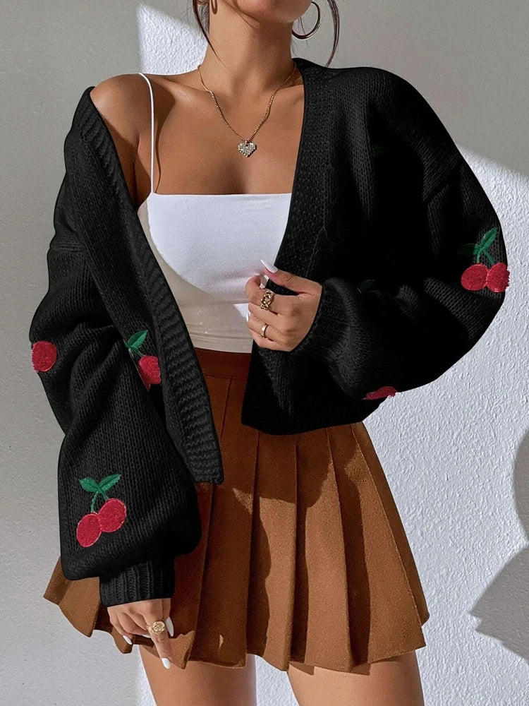 Cozy Cherry Embroidered Off Shoulder Cardigan For Women Loose Knit Jacket Sweater