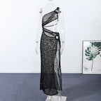 Sexy Sequin Hollow Out Knit Maxi Dress With One Shoulder Front Split Gown
