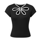Floral Patchwork Tee With Hole Detail For Women Slim Fit Streetwear Top With Light Stretch