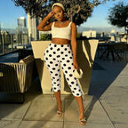 Polka Dot Patchwork Capri Pants With Drawstring Waist
