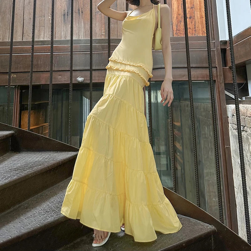 Off Shoulder Backless Evening Dress With Pleats And Ruffled Edges Diagonal Collar Floor Length