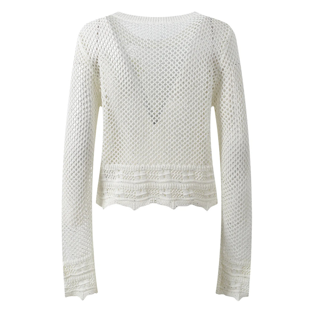 Sunlit Hollow Knit Top Elegant Long Sleeve Jumper Lightweight Sweater