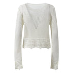 Sunlit Hollow Knit Top Elegant Long Sleeve Jumper Lightweight Sweater