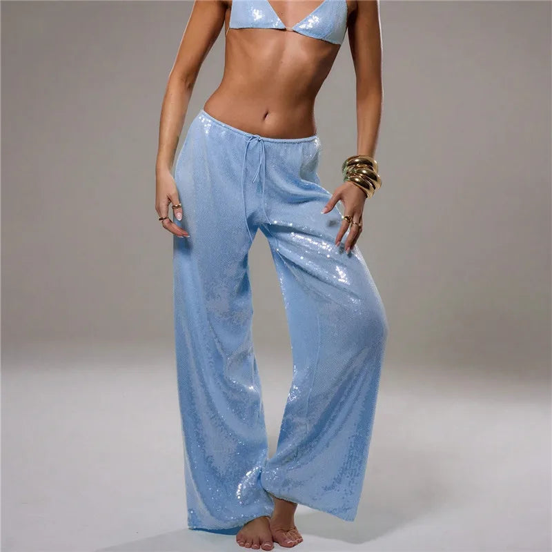 Sequined Solid Wide Leg Pants For Women With High Waist Loose Fit Trousers