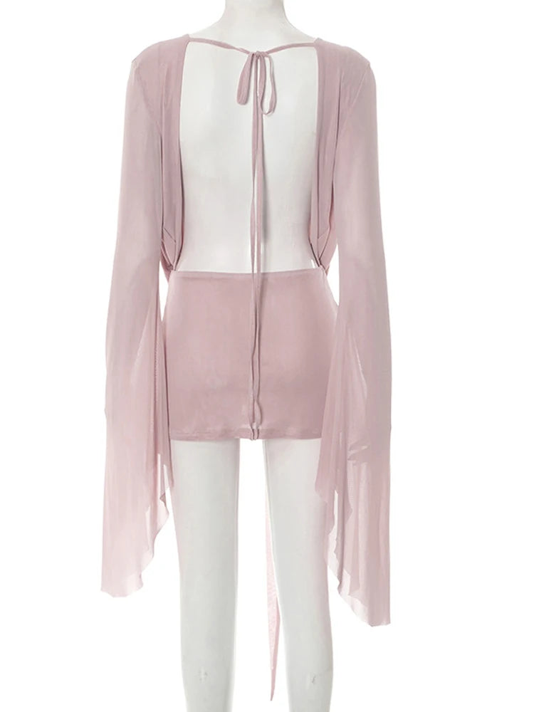 Ruched Sheer Mesh Dress With Flare Sleeves V Neck