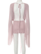 Ruched Sheer Mesh Dress With Flare Sleeves V Neck