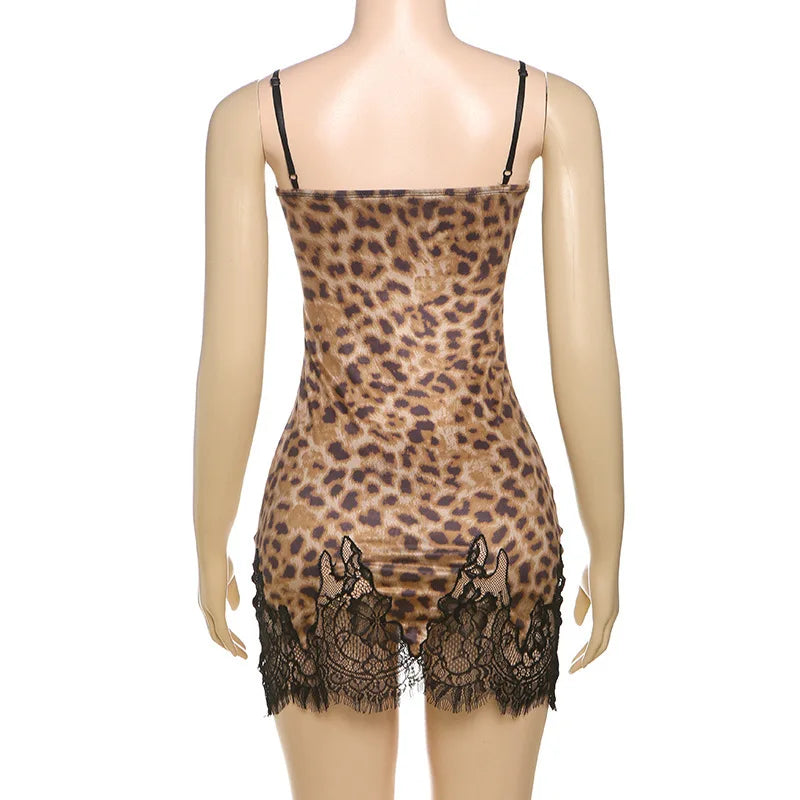 Leopard Patchwork Lace Mini Dress With Spaghetti Straps High Waist